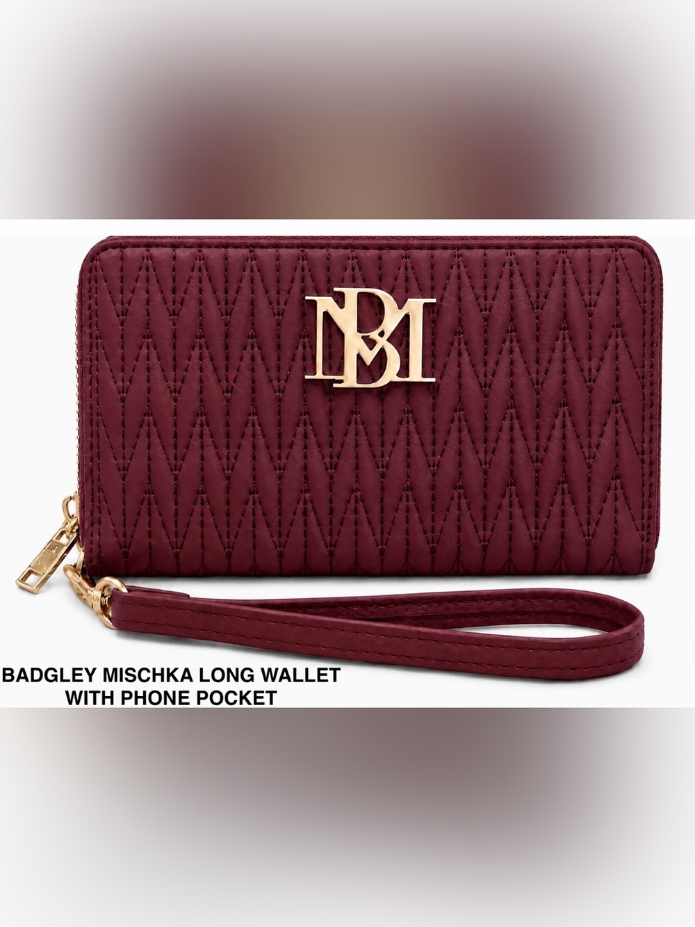NWT Badgley Mischka Vegan Lth Quilted Long Wristlet Wallet w Phone Pocket, Wine